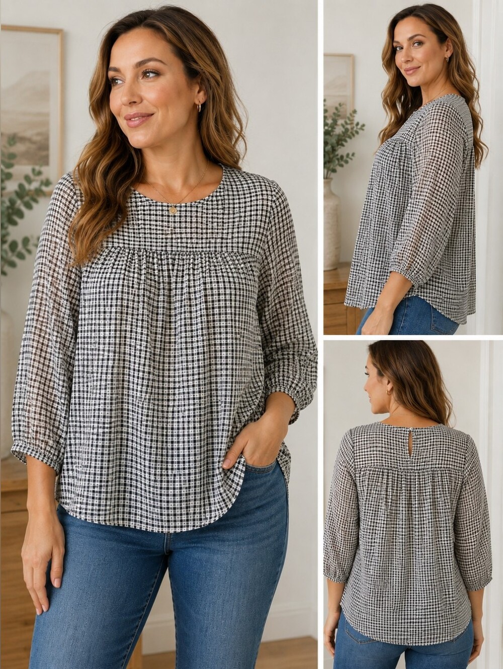 LC Lauren Conrad Gingham Plaid Peasant Blouse Top XL Black White Check Tunic